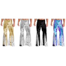 Men Shiny Metallic 70s Disco Pants Party Night Club Sequins Bell Bottoms Costume