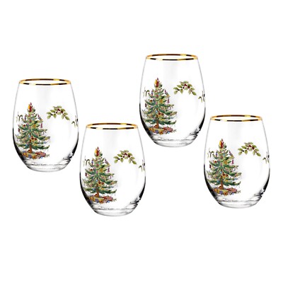 Spode Christmas Tree 19 Ounce Stemless Wine Glasses, Set of 4, 22 Karat Gold Rim