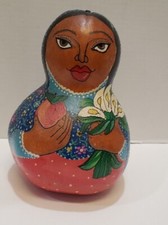 Folk Art Handpainted Gourd Hispanic Woman With Flowers And Fruit