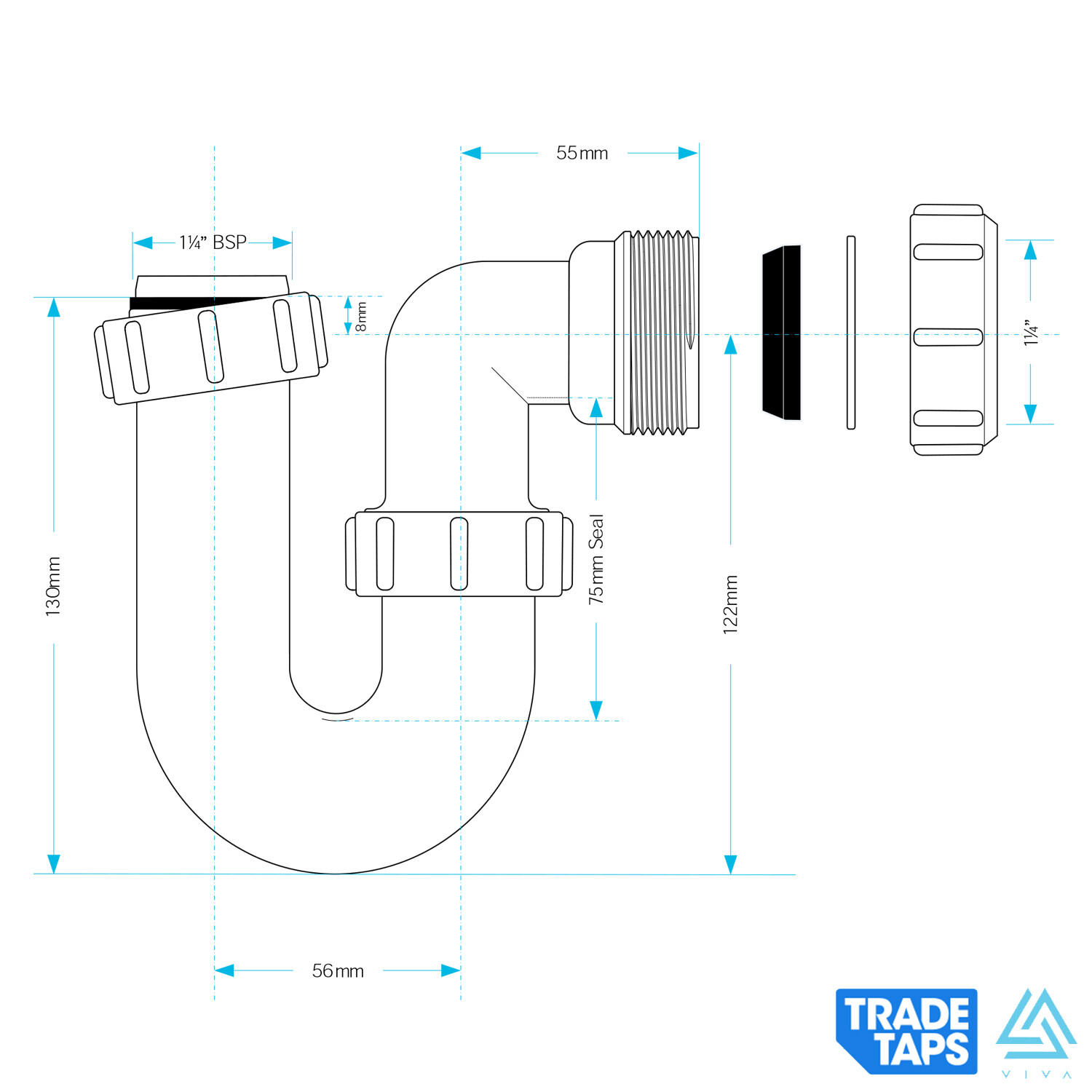 Basin Sink U Bend P Trap Waste 75mm Water Seal 1 1/4" 32mm Outlet