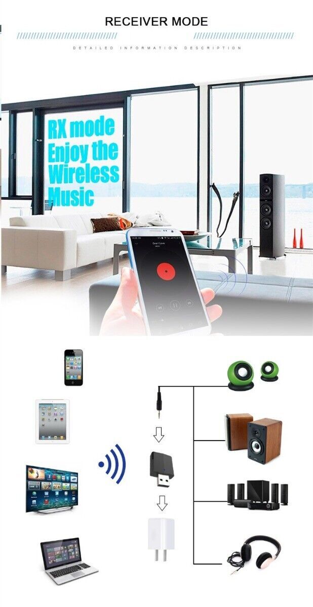 Wireless Bluetooth 5.0 Audio Transmitter/Receiver Adapter 3in1 USB For TV/PC/Car