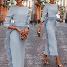 Elegant Sky Blue Mother of Bride Dresses Scoop Neck Dress Feather Ankle Length