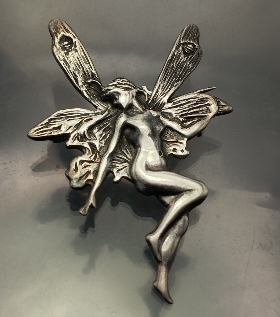 Large Vintage Art Nouveau Style 42 mm Sterling Silver Fairy Brooch With Box