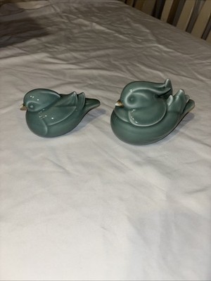 2 Vintage Green Bird Quail Figurines - Japan - Ceramic Glazed -