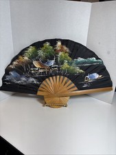 Vintage Large Hand Painted Canvas Chinese Folding Wall Fan 10 X 16  Landscape