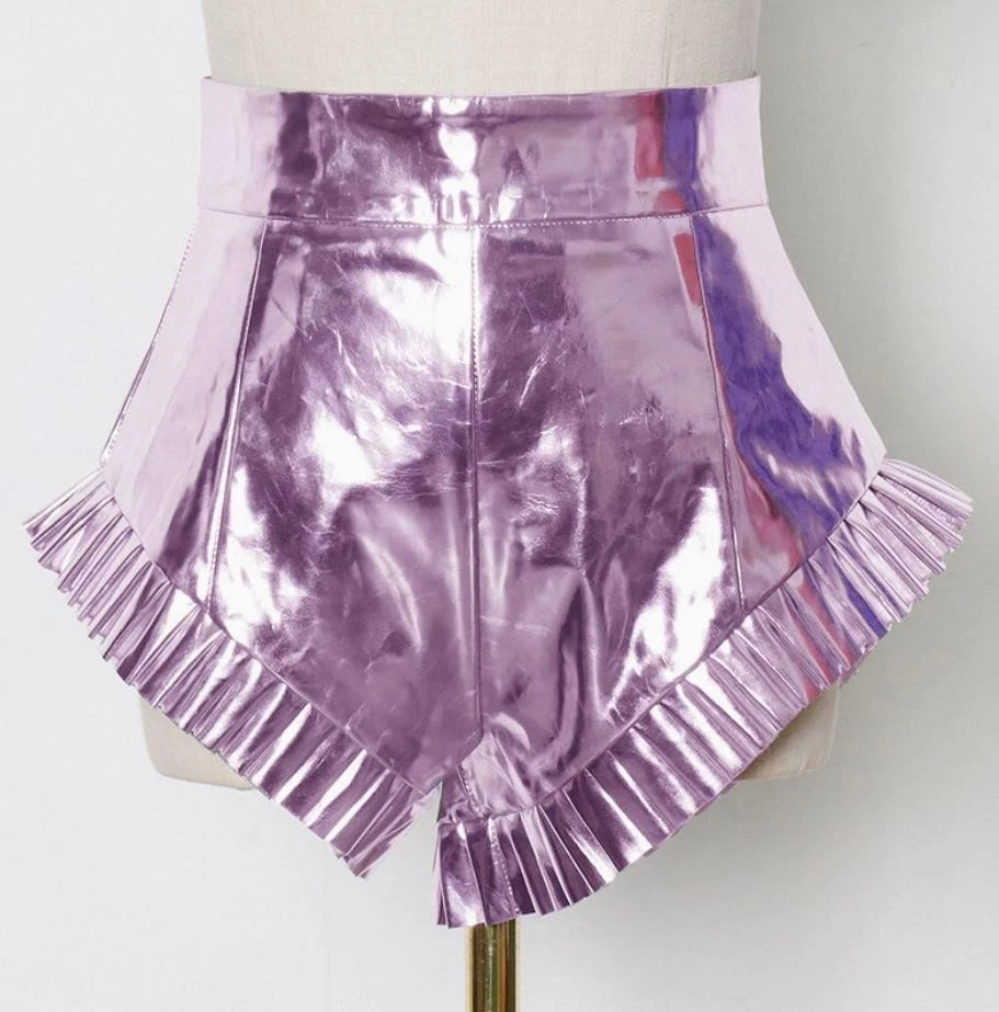 Sexy Pantalones Cortos de Cuero PU para Mujer Pantalones Plisados Cremallera Prendas para club nocturno ¡¡Pantalones Cortos de Verano!! Foto 3 de 4