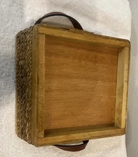 Wood Basket with Leather Handles Rope Design 6x6x3.5 Inches Rustic Brown