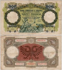 ALBANIEN BANKNOTE Pick #7 20 FRANC 1939 BANKA KOMBETARE E SHQIPNIS NJIZET FRANGA