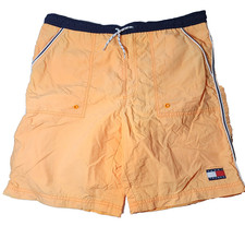 VTG Tommy Trunks Mens Large Hilfiger Swim Shorts Orange Lined Logo Pockets
