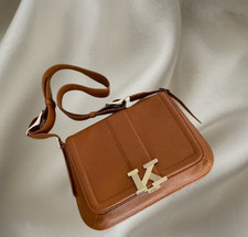 Kiton Napoli Grainy Leather Flap Bag Camel Brown Silver K Logo Luxury Crossbody