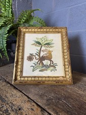 Antique Vintage Jacobean Style Needlework Embroidery Stag Deer Crewel Tapestry