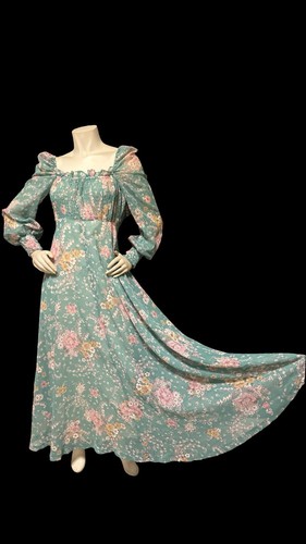 Vintage 70’s Prairie Dress Hippie Green Floral Smocked Maxi Dress Cottage Core - Picture 8 of 20