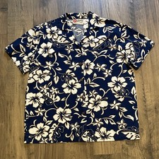 Hilo Hattie Hawaiian Shirt XS Navy Blue Cream Hibiscus Floral Cotton Made in USA