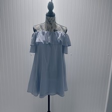 Light Blue Off Shoulder Ruffle A-Line Dress Knee Length Short Sleeve Women's