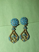 c. 1880 VICTORIAN DANGLE CLIP EARRINGS TURQUOISE GLASS CABOCHON BRASS 1.75