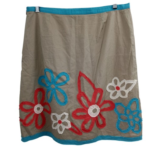 Boden Cotton Applique Floral Lined A-Line Skirt Size 14 Khaki Blue Coral Raw Hem - Picture 6 of 9