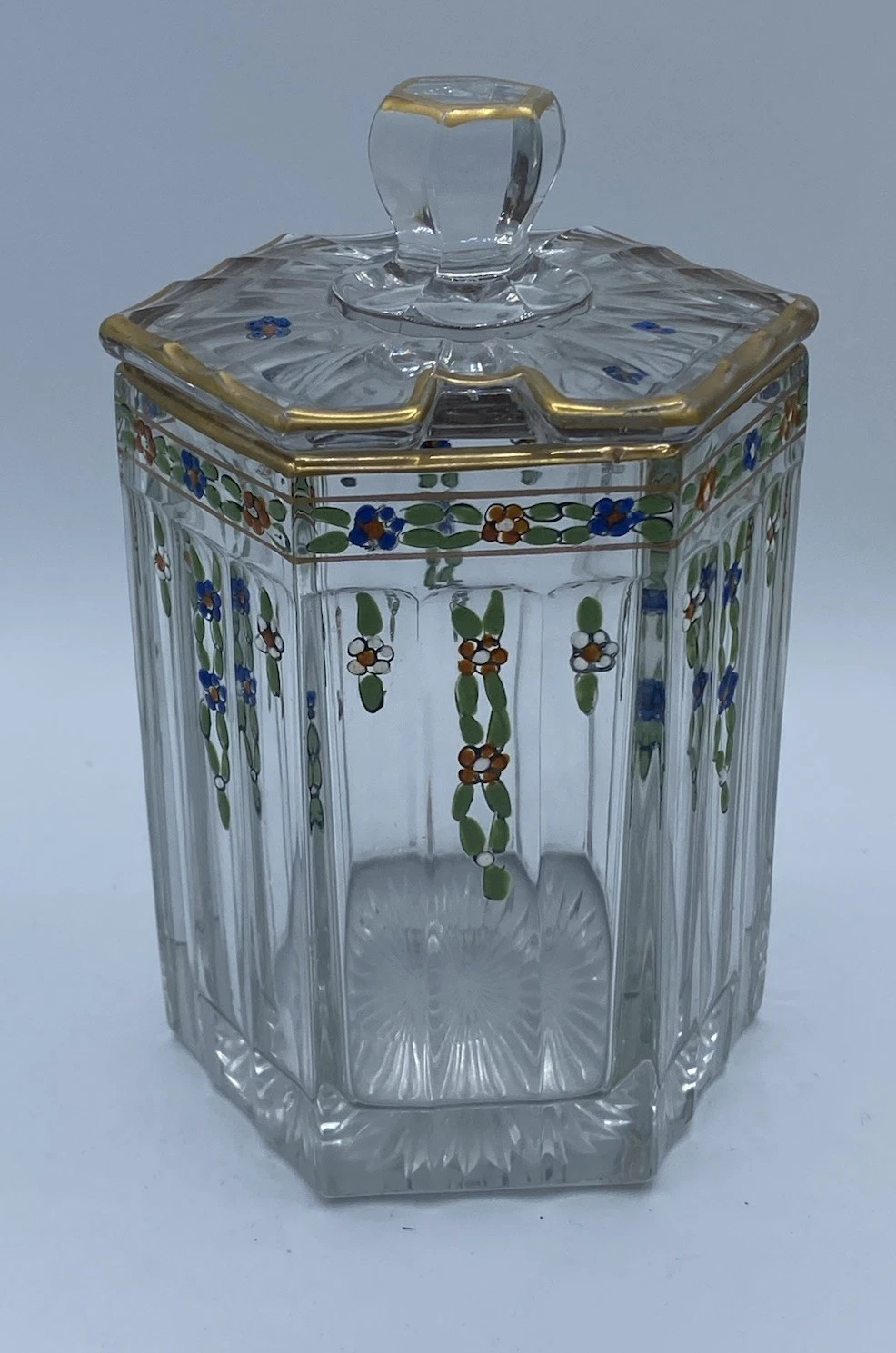 Vg Clear Glass Jar With Lid Floral Hand painted Golden Trim