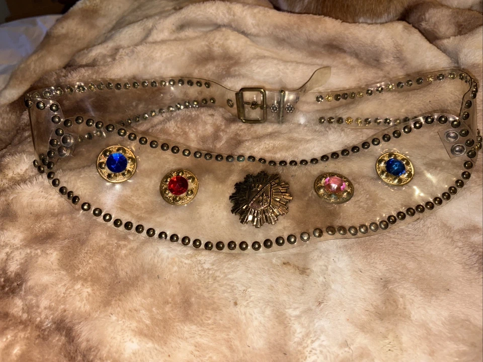 Vintage 70’s Or 80’s Clear Vinyl Rhinestone Belt With 4 Stone And 1 Large Brass - Image 2 of 4