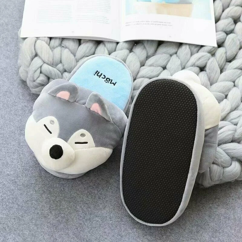 Zapatillas de algodón hogar dormitorio interior zapatos cálidos Husky Shiba Inu felpa mujeres niños Foto 4 de 4