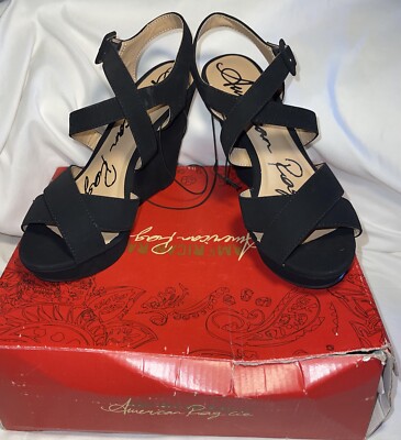 American rag Open Toe Black wedge High heels platform ankle strap Rachey2P 6 1/2