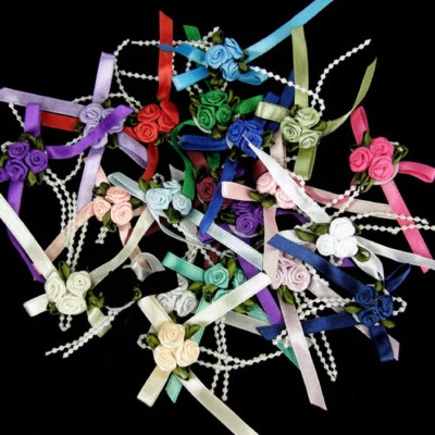 Triple Trio Roses Satin Ribbon Bows With Pearls , many pretty colours 24 pcs