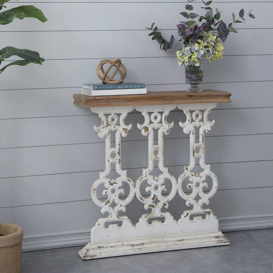 Mesa Consola Envejecida, Mesa Vestíbulo 32" con Tallas de Madera y Base de Desplazamiento Foto 2 de 4
