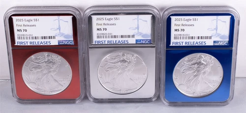 Certified 2025 Silver Eagle $1 NGC MS70 First Releases Red/Blue/Silver Foil 1oz 