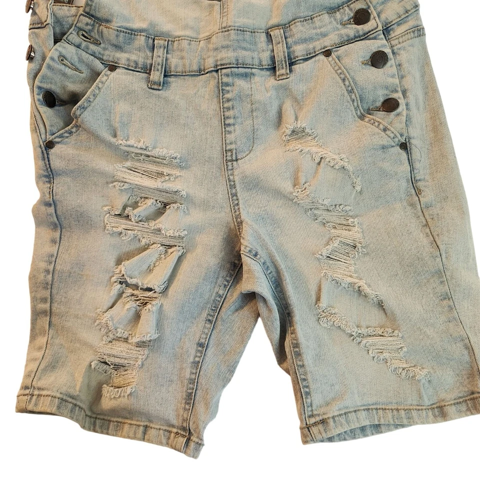 Overoles de mezclilla desgastados con pantalones cortos para mujer talla 7 azul claro boho grunge hip hop Foto 3 de 4