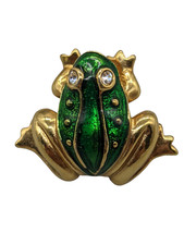 Lapel Pin Frog Green Enamel Clear Rhinestone Eyes Gold tone Small Free Ship.