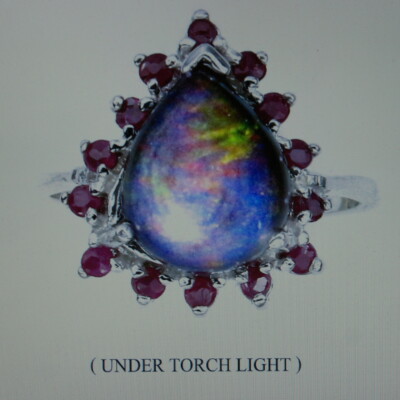Birnenkabine 11x9mm. Regenbogen Glanz Schwarz Opal Rubin 925 Sterling Silber Ring 7