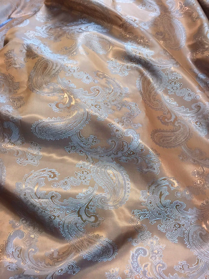 Brocado Tecido Paisley NÃO ESTÁTICO Viscose Cetim Sensação 58"W Tecido Dourado Marrom Azul - Imagem 2 de 4