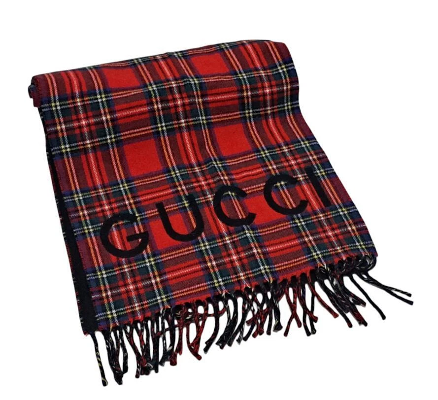 Écharpe logo Gucci à carreaux tartan noir hommes femmes laine 597530