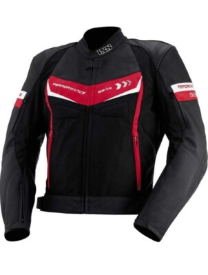 iXS Rockford Biker Jacket Black-Red-White Real Leather Textile Fabric FREE US SH