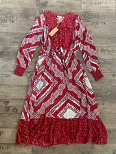 FAT FACE - WILMA BATIK DITSY LONG SLEEVE MIDAXI DRESS WOMEN RED CLARET - UK 8 36