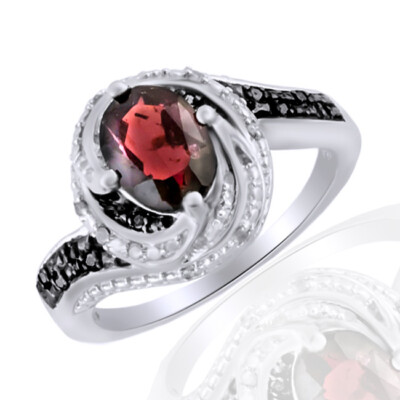 Oval Simulated Garnet & White & Black Natural Diamond Halo Ring Sterling Silver