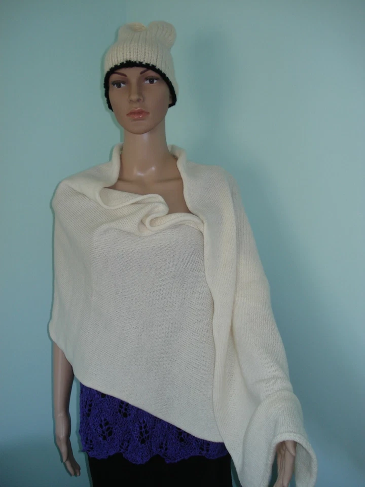 奶油白色手工电缆针织100%美利奴羊毛羊驼围巾/帽子套装女式75"x20" — 第 4/4 张图片