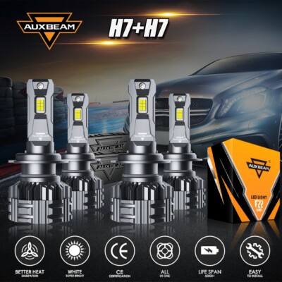 AUXBEAM H7+H7 Canbus LED Headlights Combo Bulbs High+Low Beam 6500K Super Bright