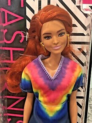 2020 Mattel Barbie Fashionistas 141 Red Hair Doll Rainbow Dress Dimple