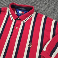 Vintage Tommy Hilfiger Polo Shirt Mens XL Red Navy Stripe Crest 90s Cotton Knit