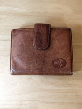 Vintage Genuine Cowhide Leather Cognac Brown Bifold Wallet Lock Kiss Coin Pocket