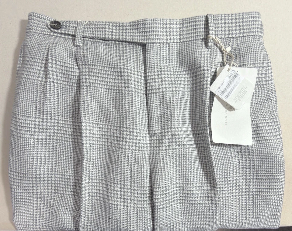 Brunello Cucinelli Prince Of Wales 长裤灰色亚麻羊毛丝绸尺寸 33 美国全新带标签 — 第 2/4 张图片