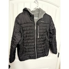 Eddie Bauer Reversible Puffer Jacket Boys L Black Grey Sherpa Fleece Hooded