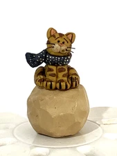 Vintage Suzi Skoglund Blossom Bucket Winter Folk Art Cat on Snowball Figurine