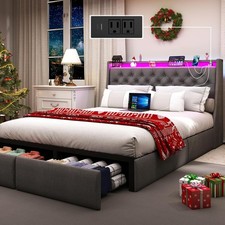 Full Queen Metal Bed Frame with Storage Drawers & Upholstered Charging Headboard