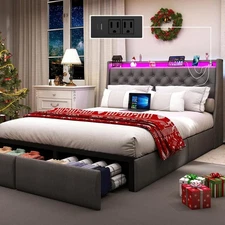 Full Queen Metal Bed Frame with Storage Drawers & Upholstered Charging Headboard