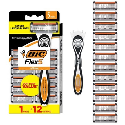 BIC Flex 5 Men's Refillable Razor 1 Handle 12 Cartridges Shaving Blades New
