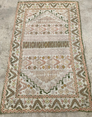 Vintage Handarbeit Kaschmir Türkisch Wolle Kettenstich Bestickt Teppich 144x87 cm