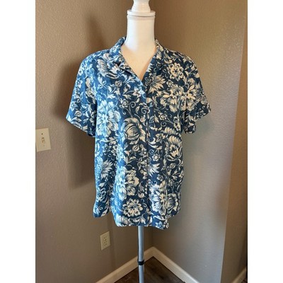 Alfred Dunner Womens Blue White Floral Button Down Shirt Short Sleeve Size 12