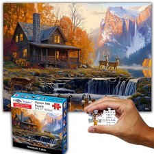 500-Piece Large Jigsaw Puzzle: Autumn Mountain Cabin  Waterfall, Ages 12 