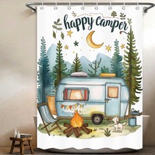 Happy Camper Small Stall RV Shower Curtain Rustic Tree Mountain Adventure Ten...